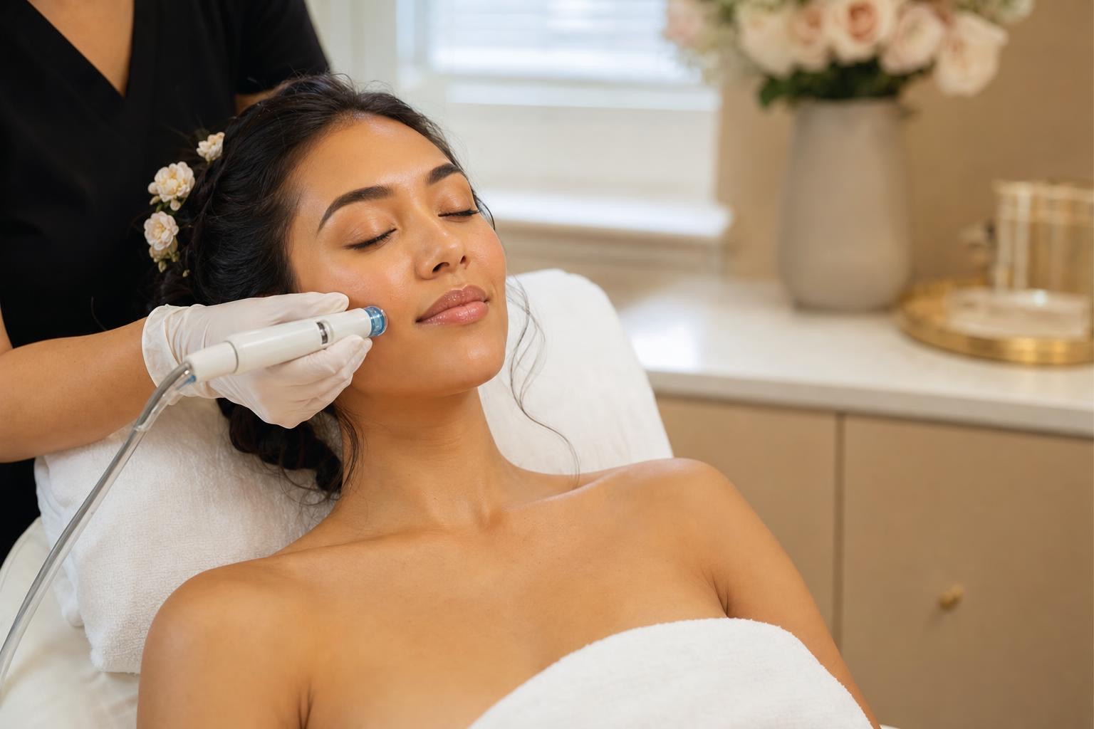 Bride-to-be receiving a calming pre-wedding facial at MIYA Aesthetics & Wellness in Bellevue