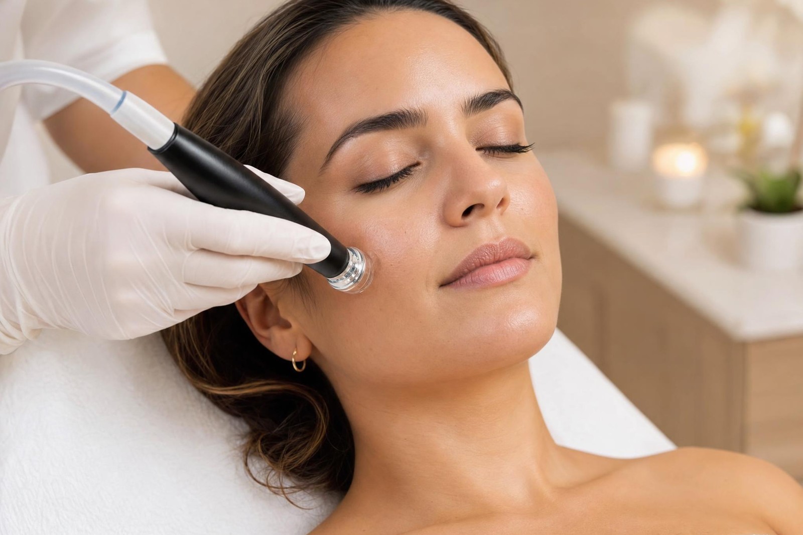 HydraFacial wand treatment gliding across a relaxed client's cheek