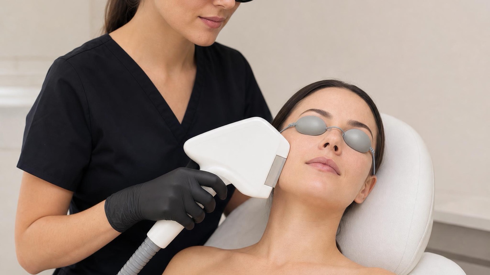 IPL photofacial handpiece treats a client's cheek as she wears protective eye shields