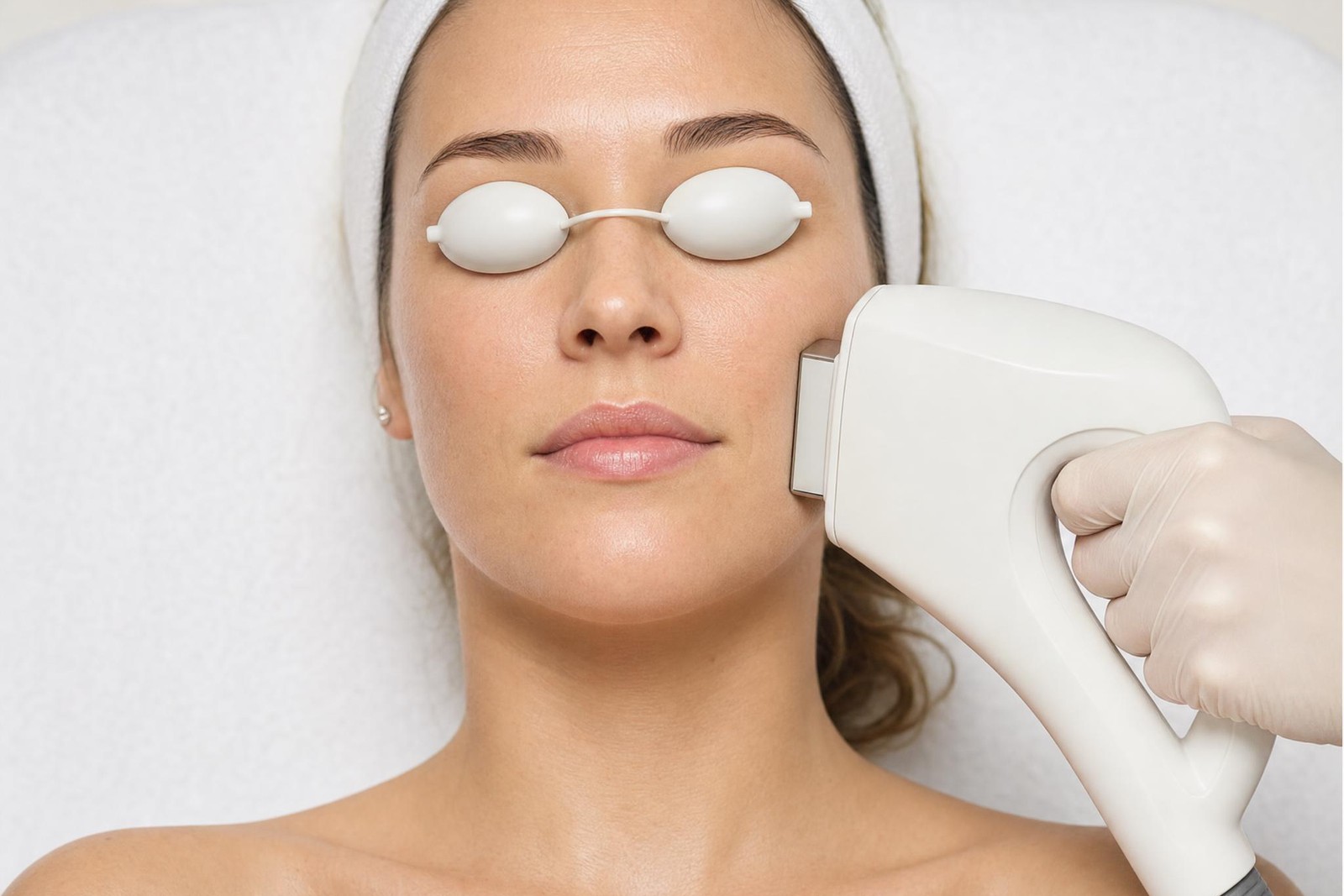 Client with protective eye shields during an IPL photofacial