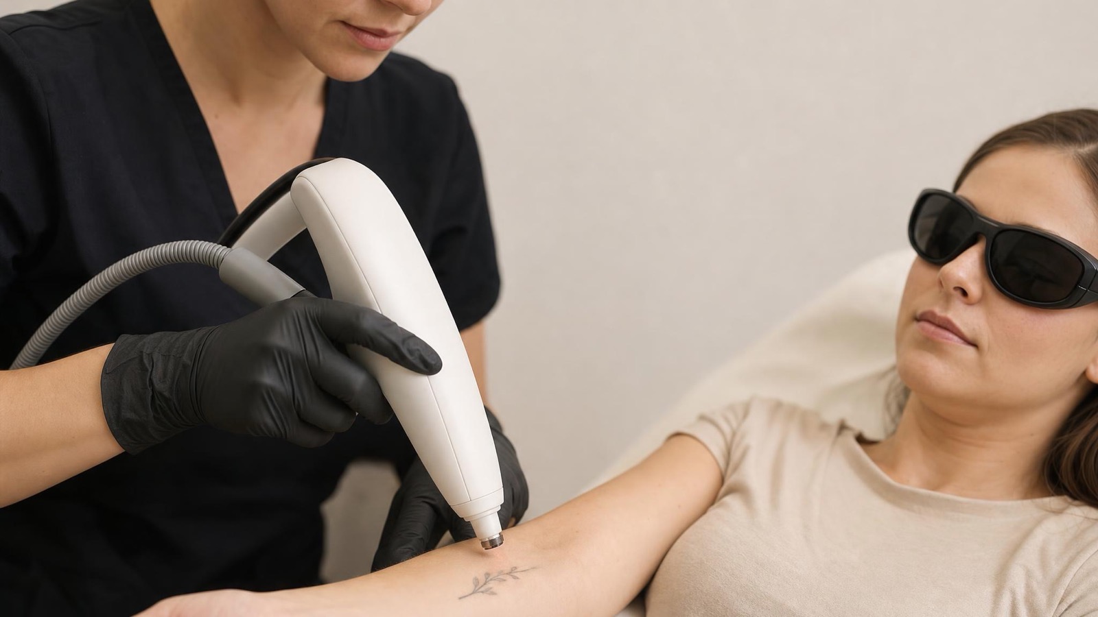 Practitioner guides a laser handpiece over a client's faded forearm tattoo