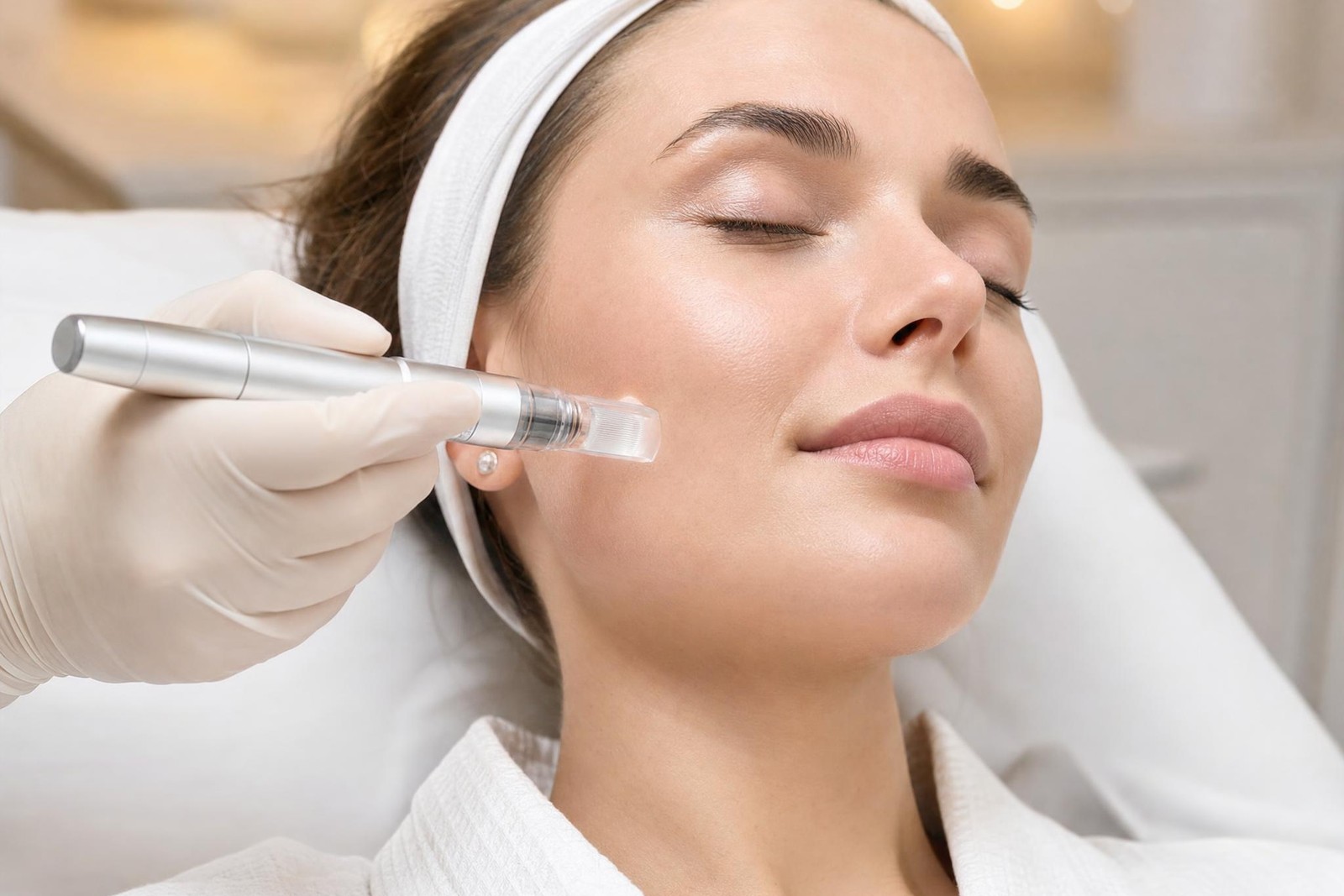 Microneedling pen treatment along a relaxed client's cheek
