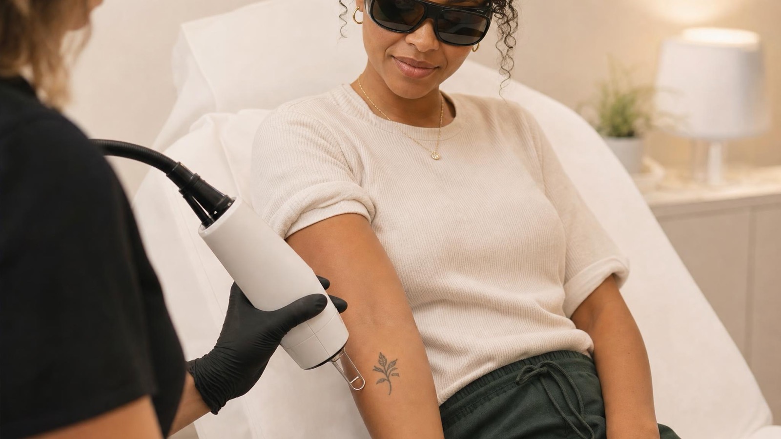 Client in protective eyewear relaxed during a laser tattoo removal session