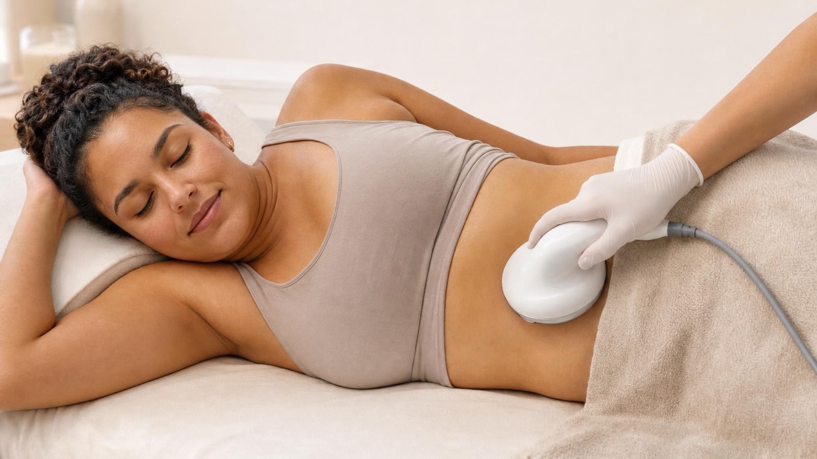 Body contouring handpiece on a relaxed client's waist during an Accent Prime session