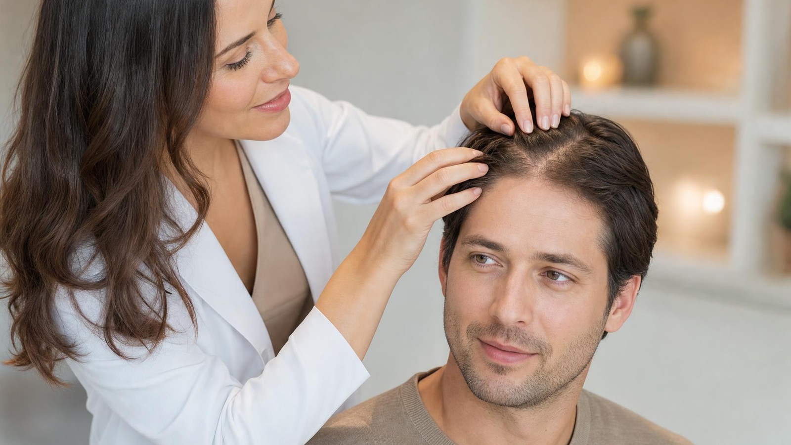 Provider examines a client's scalp during a hair restoration consultation