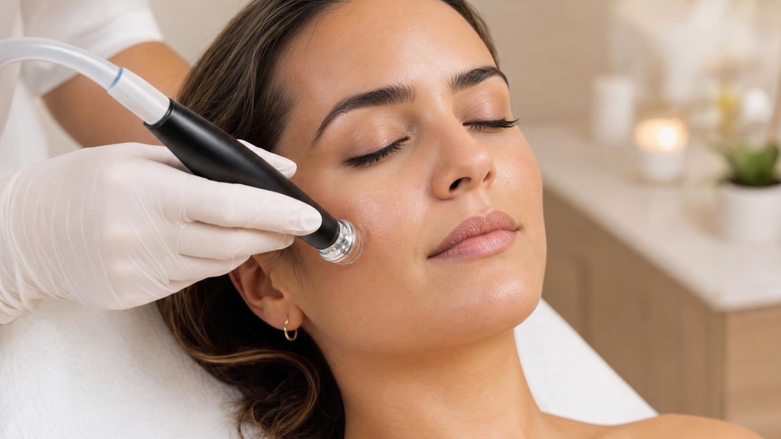 HydraFacial® wand treatment gliding across a relaxed client's cheek