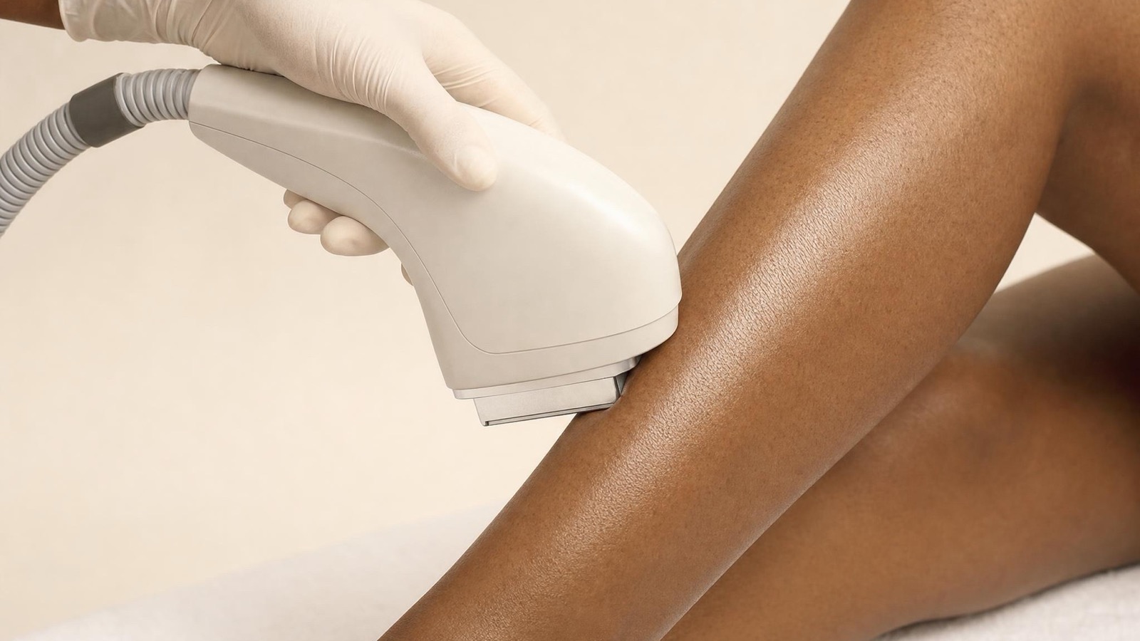 Laser hair removal handpiece gliding over smooth skin on a client's lower leg