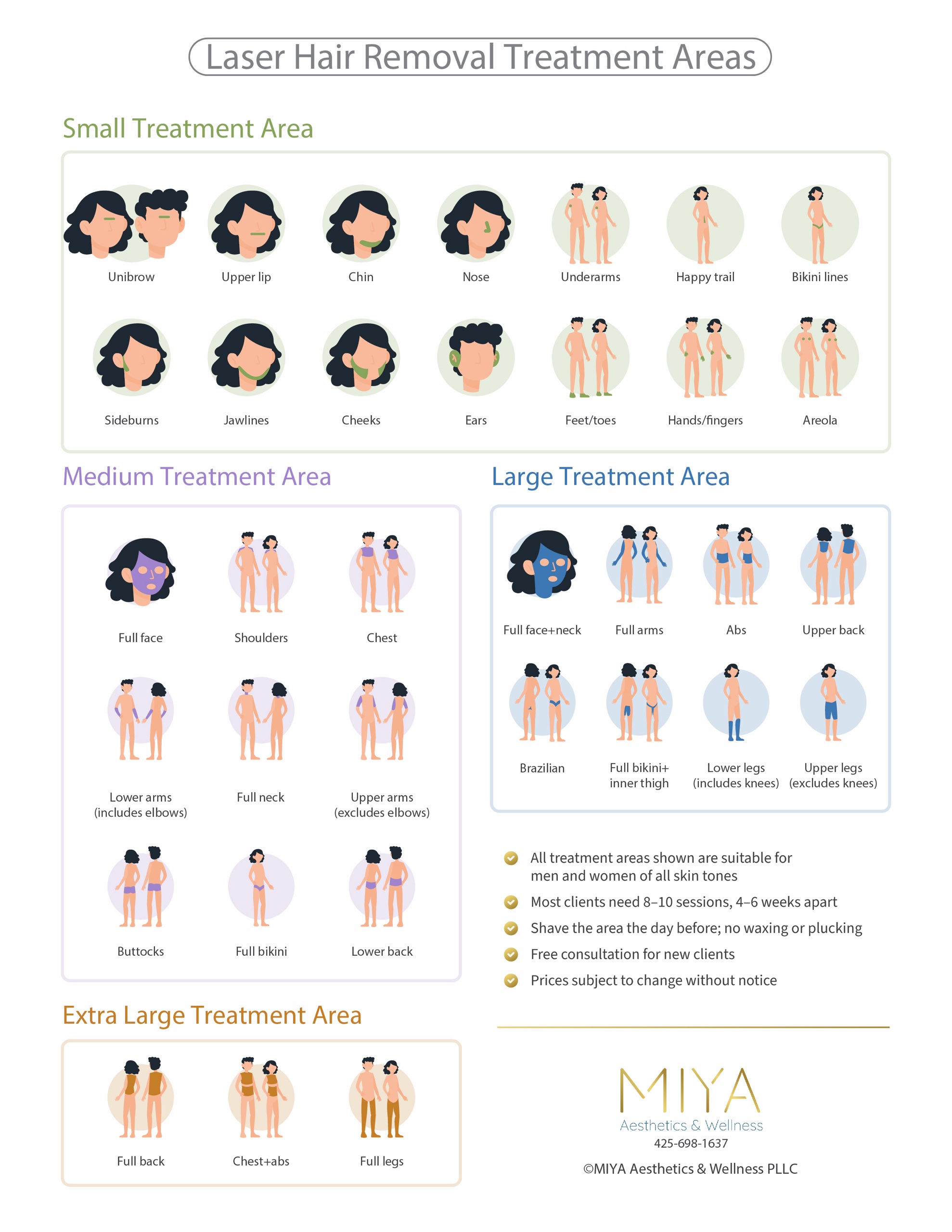 Chart of laser hair removal areas grouped small to extra large, unibrow to full legs
