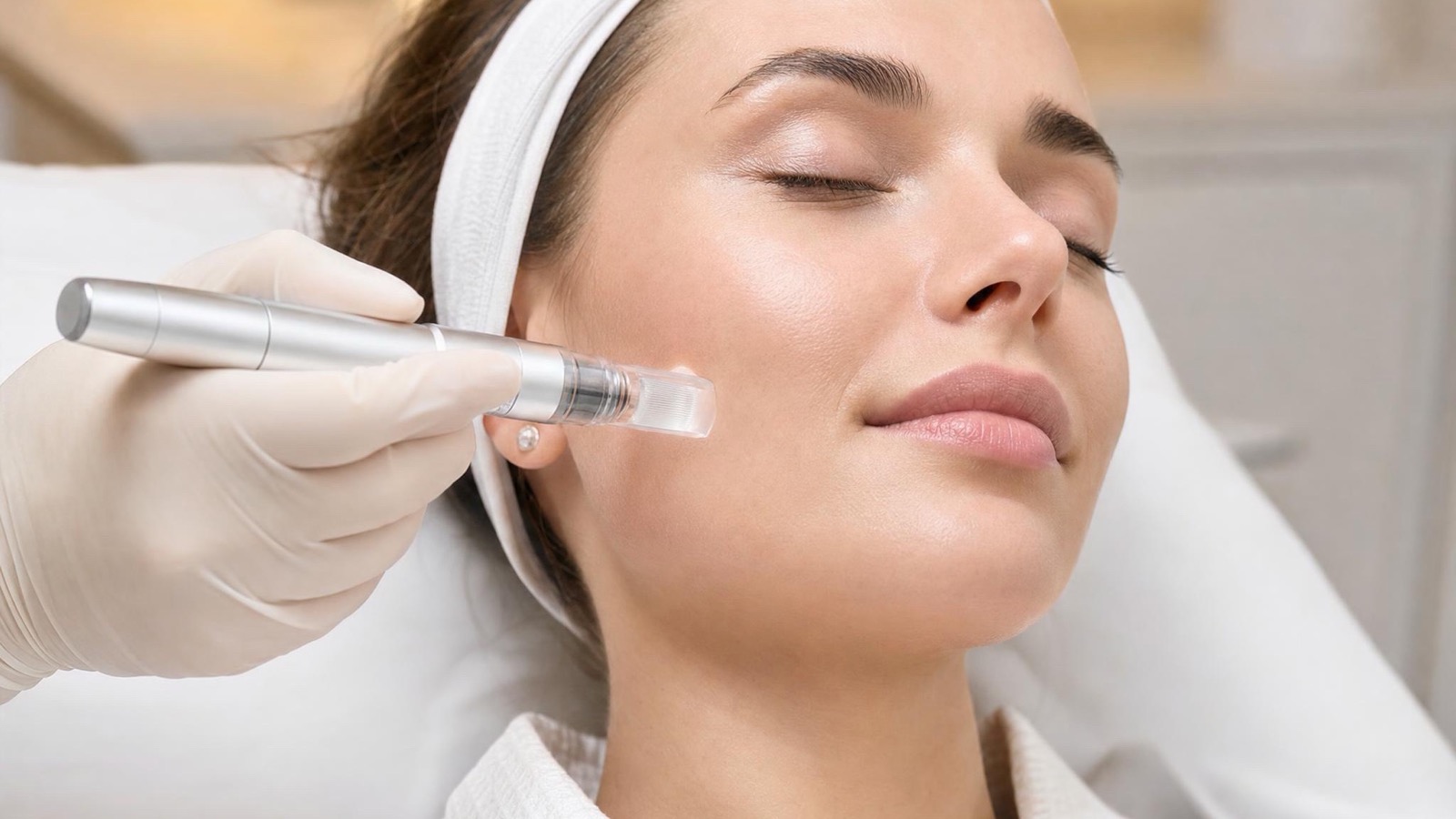 Microneedling pen treatment along a relaxed client's cheek